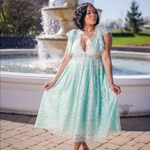 Lace Prom Midi Dress with Frill Sleeves